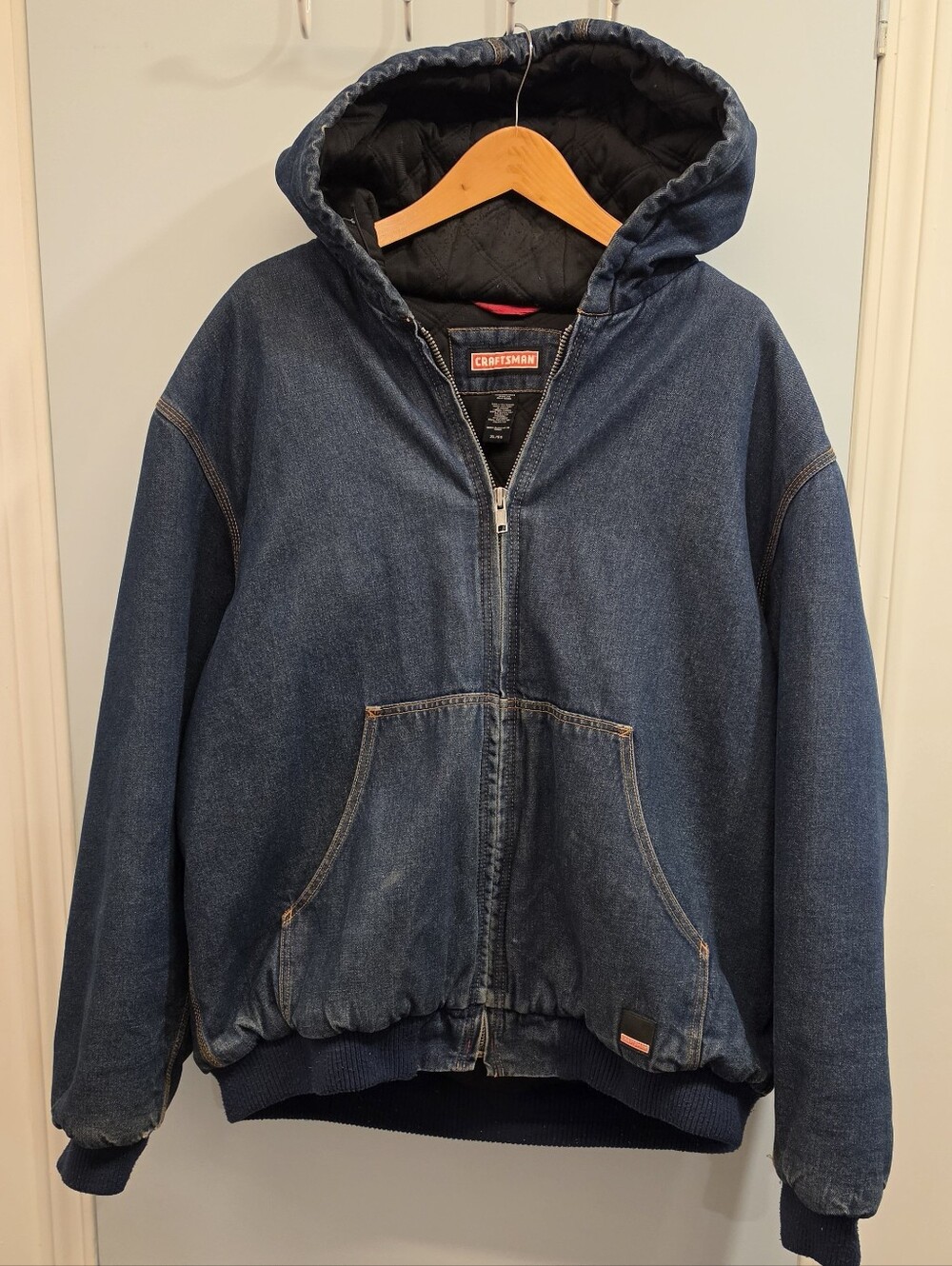 Craftsman Vintage Denim Hooded Work Jacket Mens XL Blue Heavy Bomber Lined EUC